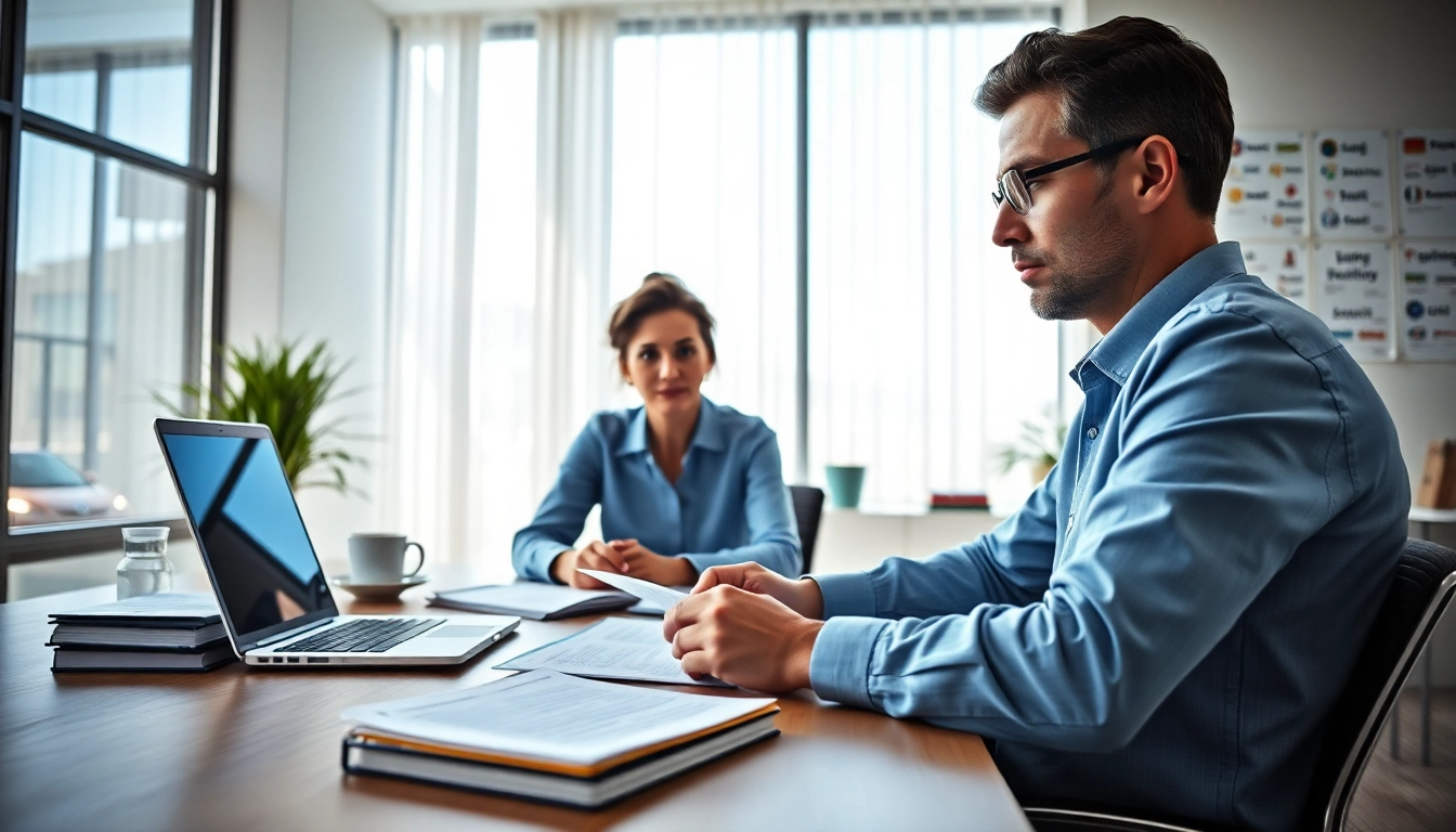 Beglaubigter Übersetzer mit Fokus auf Dokumente in einem modernen Büro.