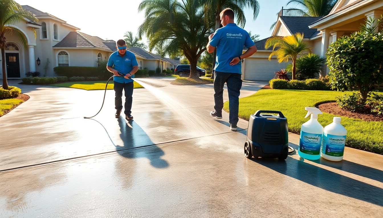 Driveway pressure wash in action by professionals, showcasing eco-friendly cleaning results in Kissimmee, FL.