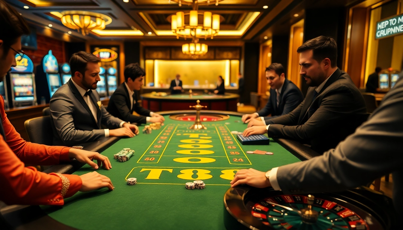 Engaged players at a TT88 poker table highlighting excitement and strategy in a luxurious casino setting.
