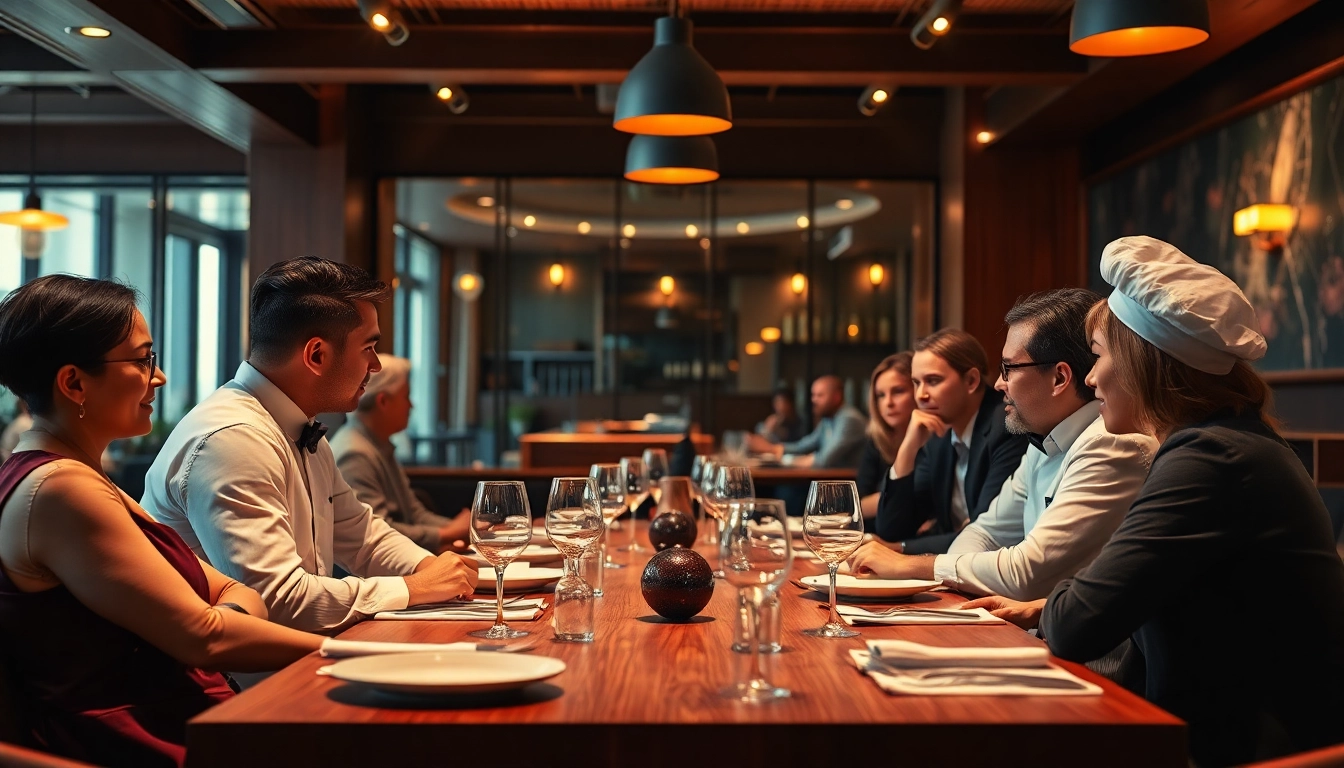 Professioneller Headhunter Gastronomie im Gespräch mit talentierten Köchen und Managern in einem eleganten Restaurant.