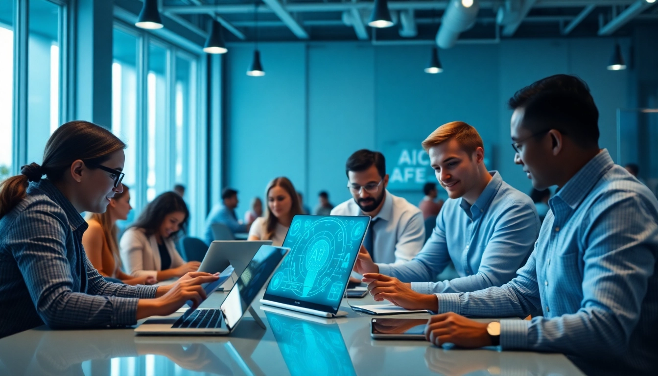 Interactive digital workspace showcasing 18+ ai technology in action with diverse adults.