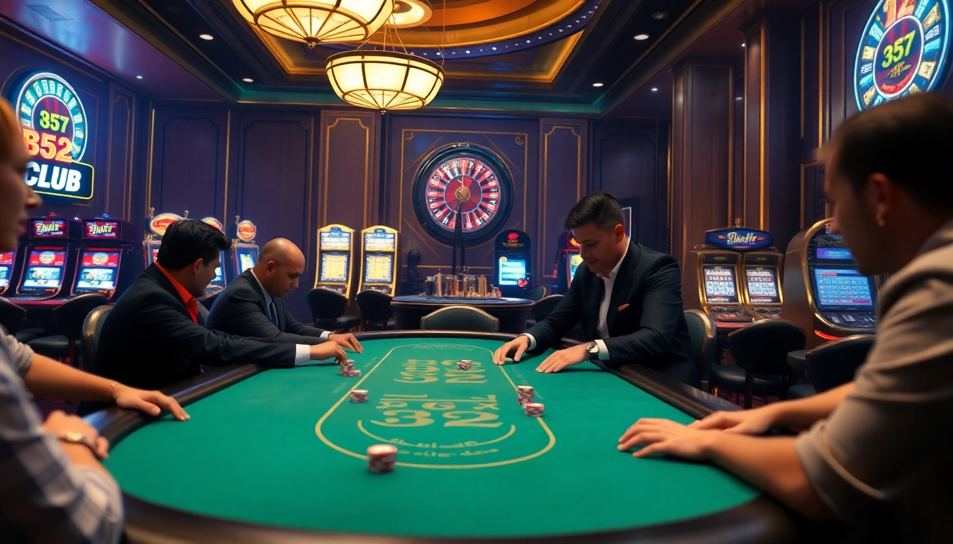 B52 Club featuring an elegant poker table, rich colors, and ambiance of high-stakes gambling.