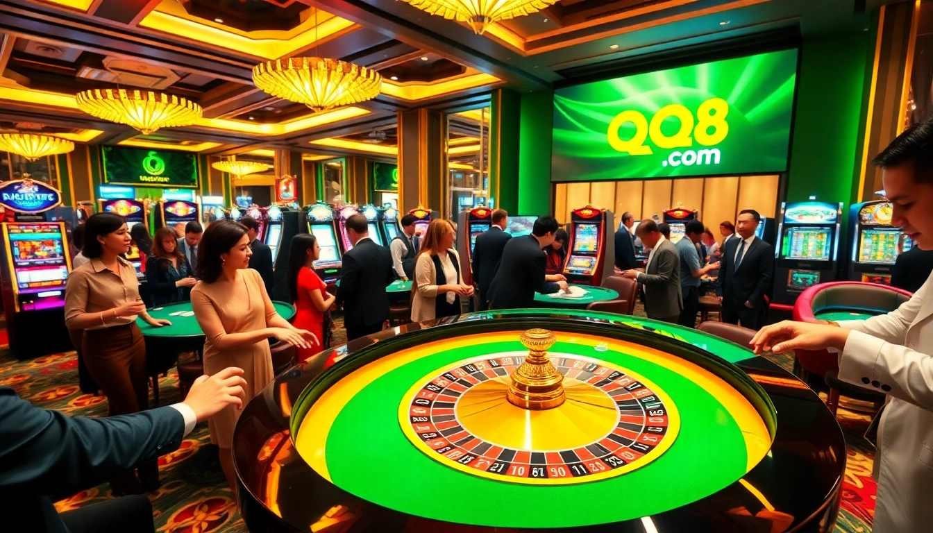 Experience the thrilling excitement of qq88 com with vibrant casino games and players at a roulette table.
