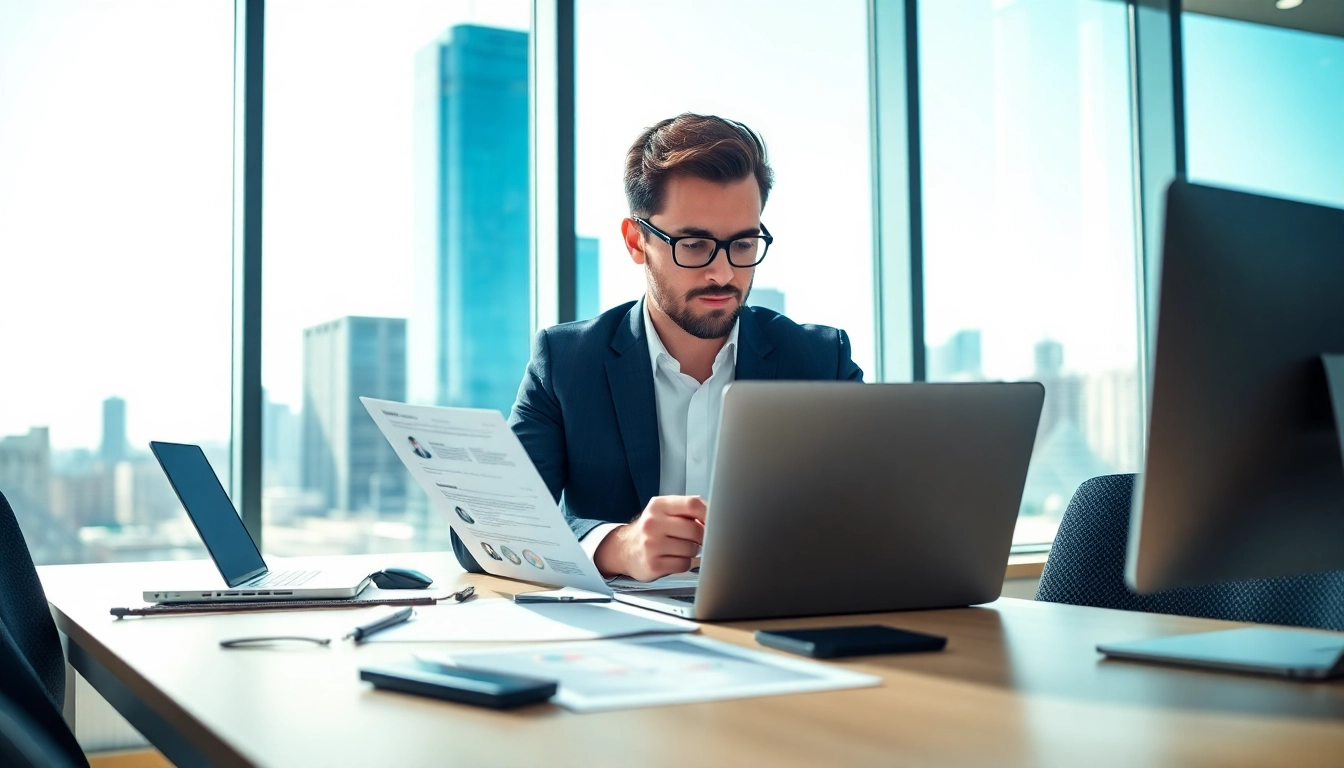 Headhunter IT analyzing candidate profiles in a modern office environment.