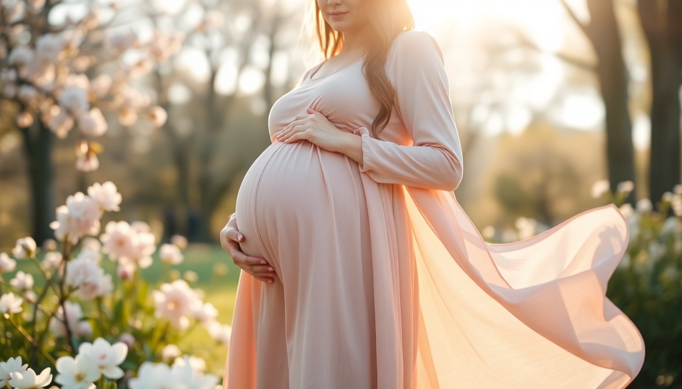 Natürliches Schwangerschaftsfotografie Shooting mit einer schwangeren Frau im Freien.