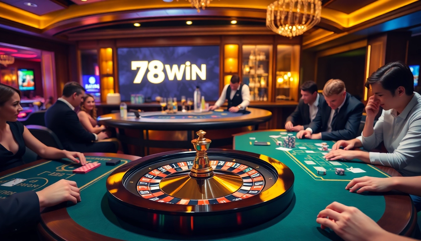 Experience the thrill of 78WIN with casino players at immersive poker tables and roulette.