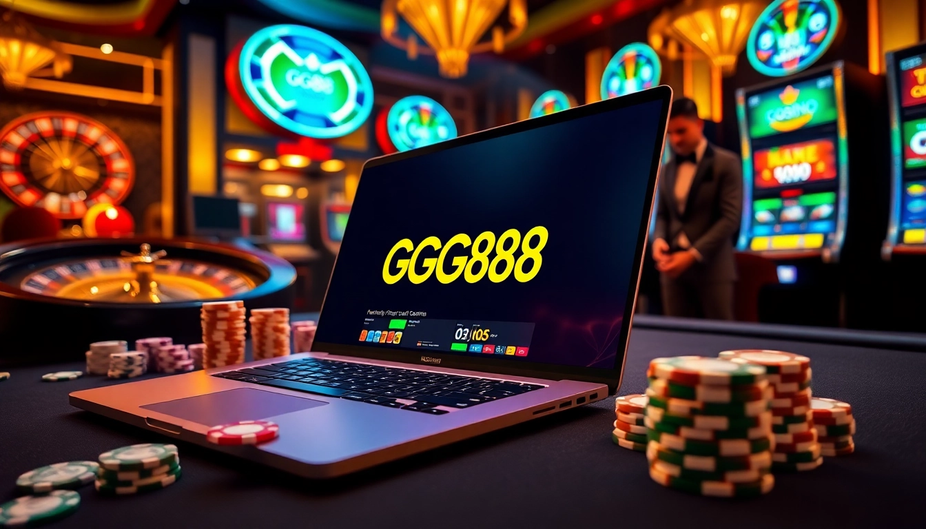 Experience the excitement of GG88 online gambling with vibrant casino visuals and game elements.