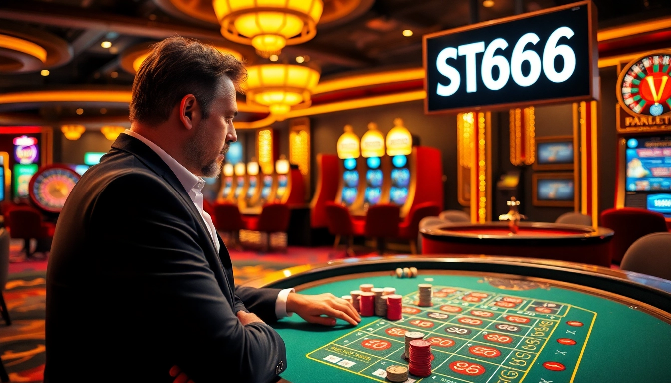 Experience exciting gameplay at ST666 casino featuring a vibrant gaming table and roulette wheel.
