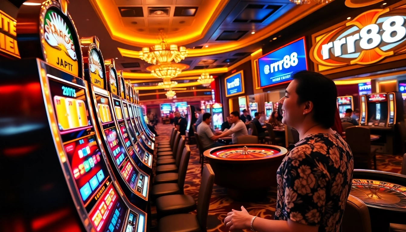 A player celebrating a win at a slot machine, highlighting the rr88 link amidst a vibrant casino atmosphere.