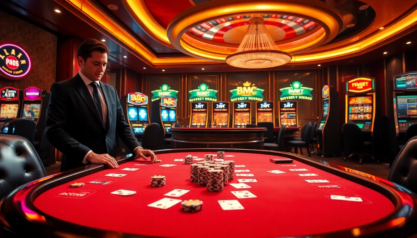 Engaging casino scene with online betting elements at https://f8bet.ventures/ featuring poker and roulette.