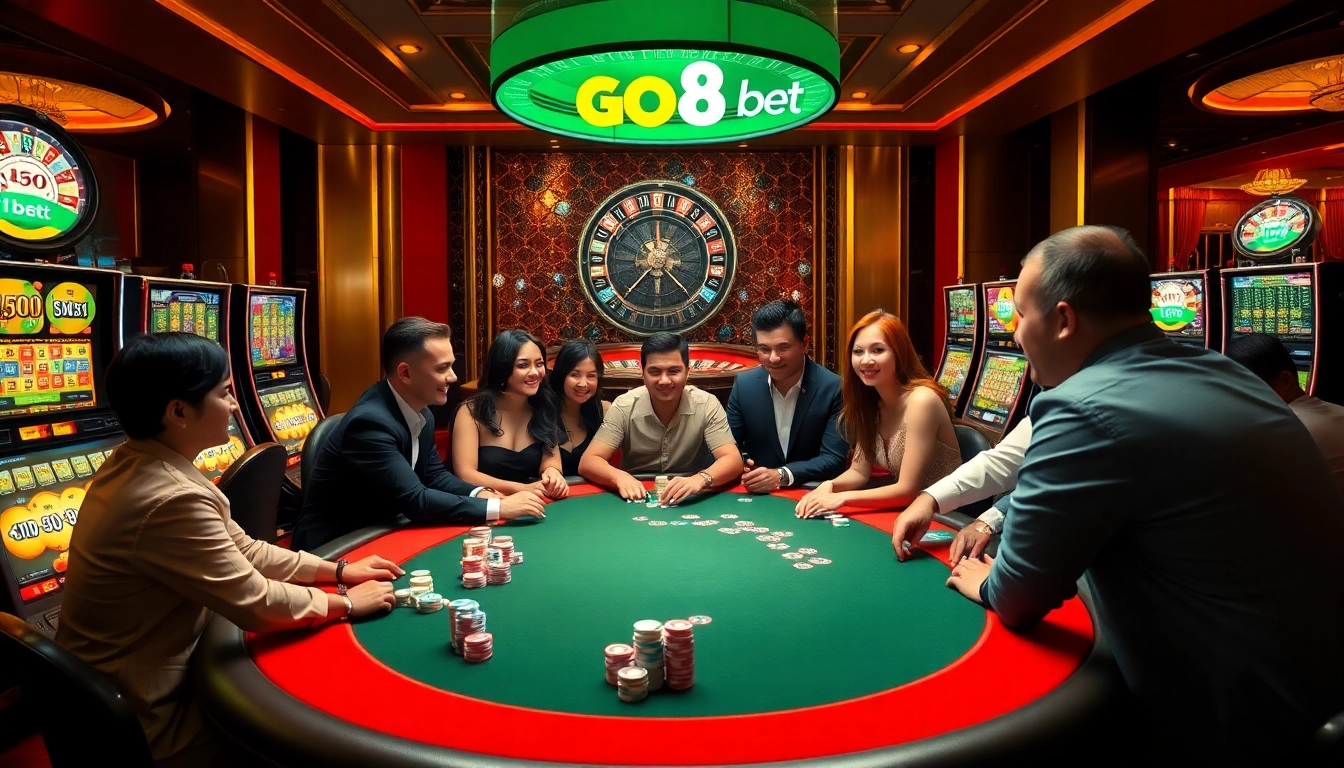 Experience the thrill of GO8 bet at an exciting casino game table surrounded by players.