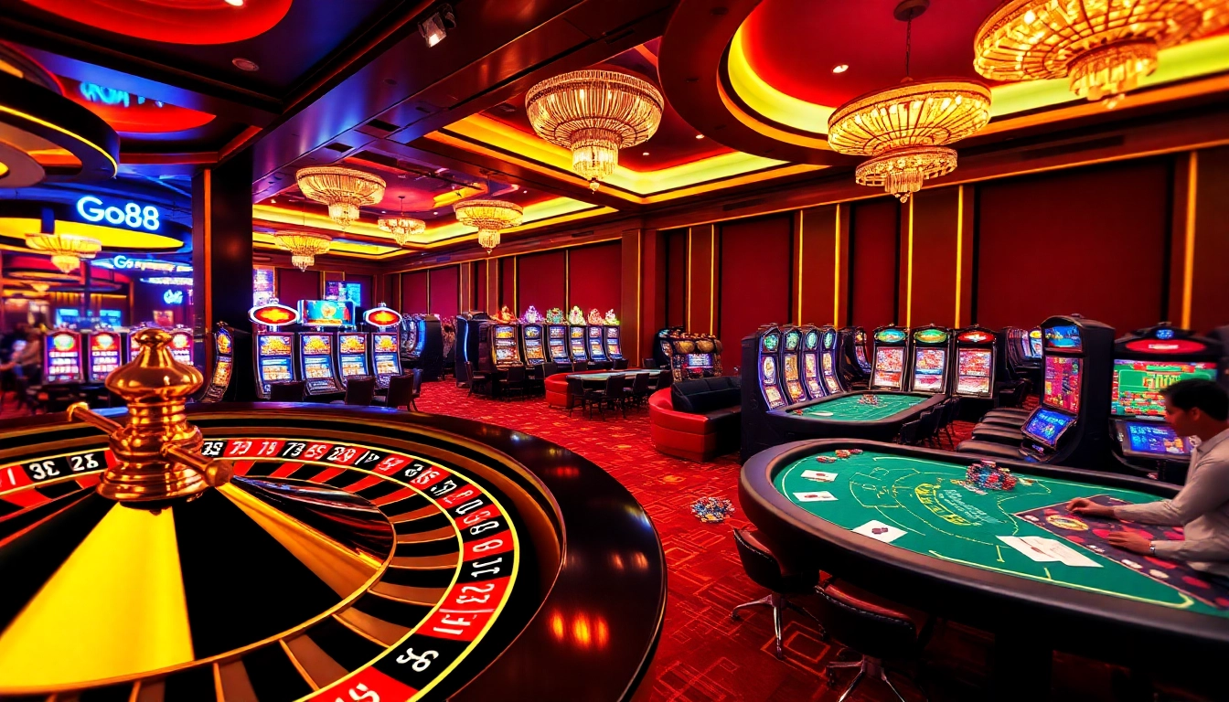 Exciting Go88 gaming scene featuring a roulette wheel and poker table for gamblers.