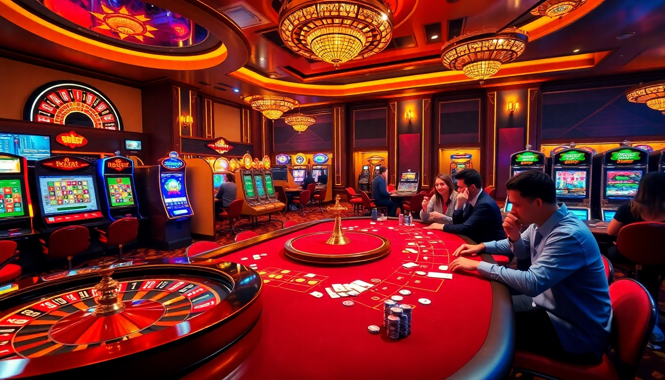 Experience the thrilling atmosphere of i9bet com with luxurious casino games, vibrant roulette wheels, and excited players.