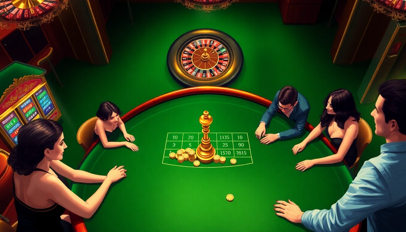 Players enjoying a thrilling game at the 8KBET casino table with vibrant poker chips and slot machines.