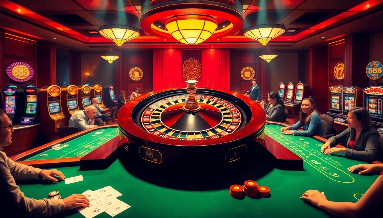 Tổng hợp 888new casino scene showcasing vibrant slots, poker tables, and a roulette wheel.