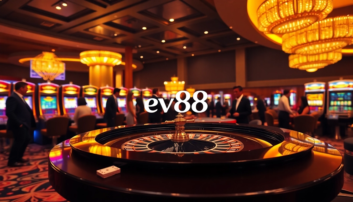 Experience the thrill of ev88 with a luxurious casino scene featuring roulette and slots.