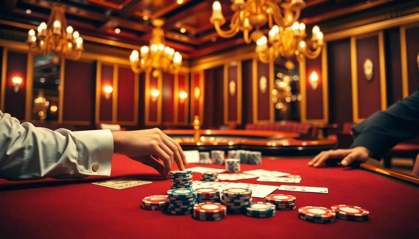 Engaging scene of professional gambling at MM88 casino tables with poker chips, cards, and roulette.