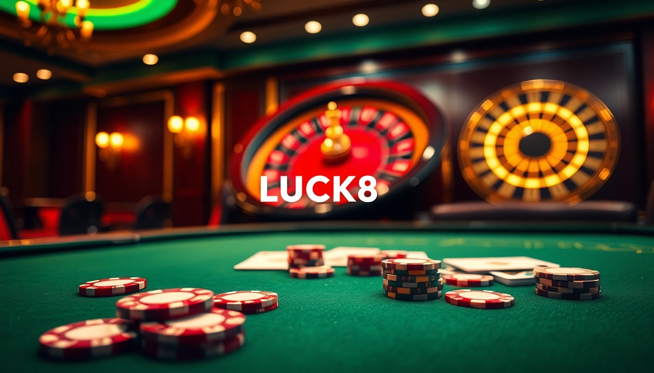 Sòng bạc LUCK8 nổi bật với hoạt động đánh bạc sống động gồm chip poker, bài và bàn roulette.