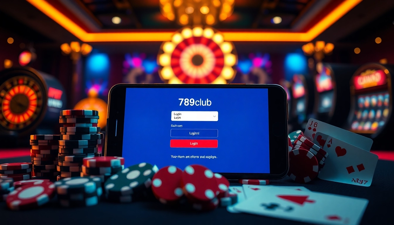 Experience a thrilling lineup of casino excitement as you log in to 789club with vibrant visuals of chips and cards.